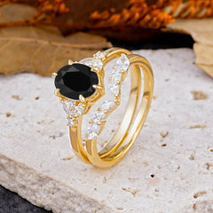 Luxury 6-Prong Oval-Cut Natural Black Onyx Engagement Ring Set