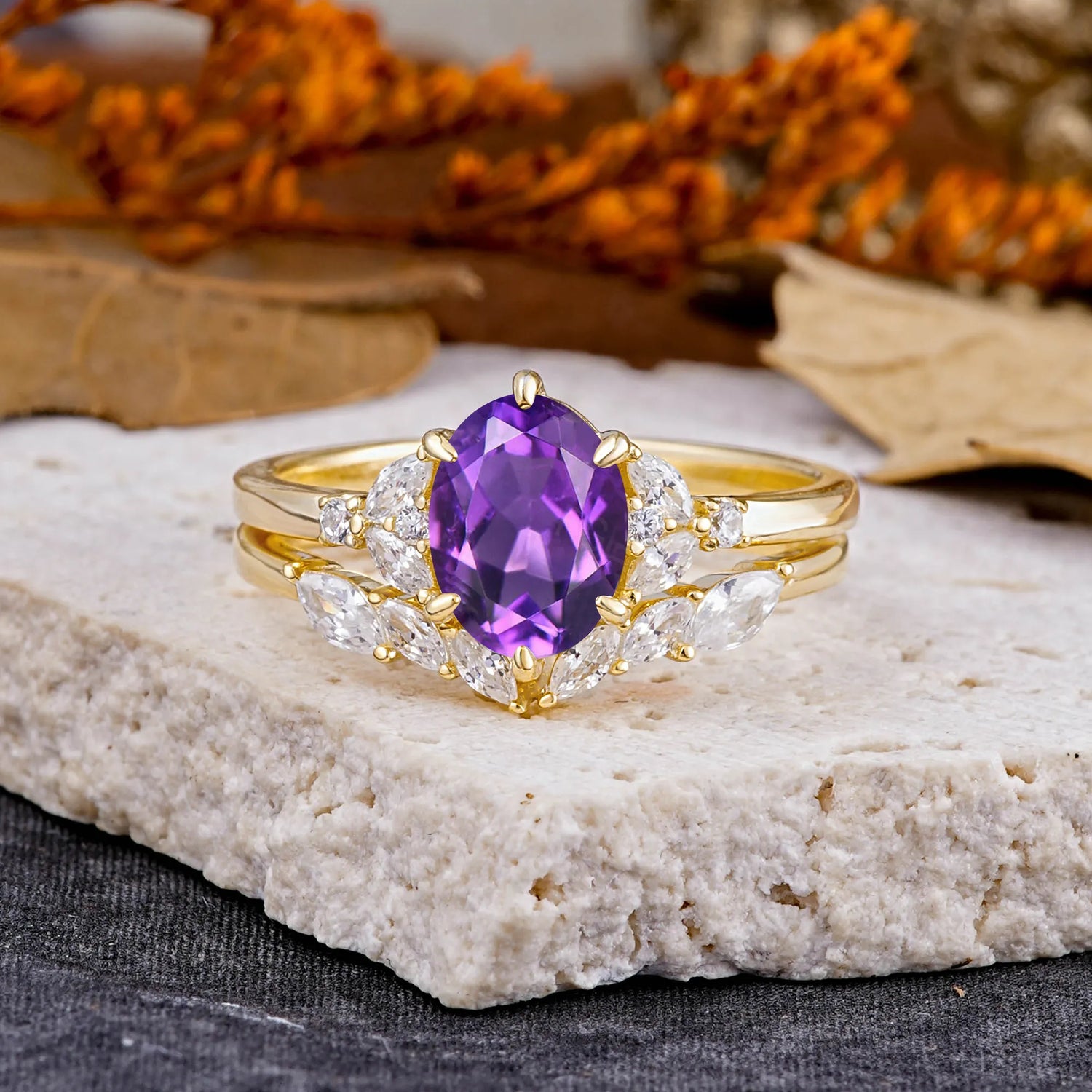 Luxury 6-Prong Oval-Cut Natural Amethyst Engagement Ring Set