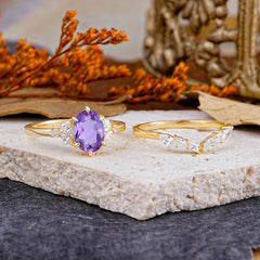 Luxury 6-Prong Oval-Cut Natural Amethyst Engagement Ring Set