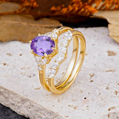 Luxury 6-Prong Oval-Cut Natural Amethyst Engagement Ring Set