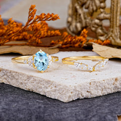 Luxury 6-Prong Oval-Cut Aquamarine Engagement Ring Set