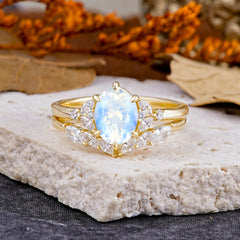 Luxury 6-Prong Oval-Cut Natural Moonstone Engagement Ring Set