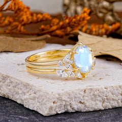 Luxury 6-Prong Oval-Cut Natural Moonstone Engagement Ring Set