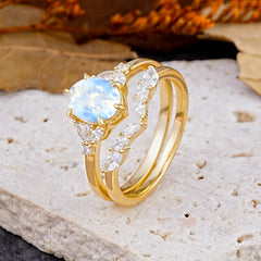 Luxury 6-Prong Oval-Cut Natural Moonstone Engagement Ring Set