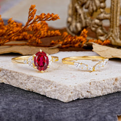 Luxury 6-Prong Oval-Cut Ruby Engagement Ring Set