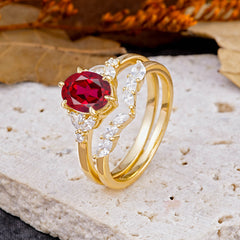 Luxury 6-Prong Oval-Cut Ruby Engagement Ring Set