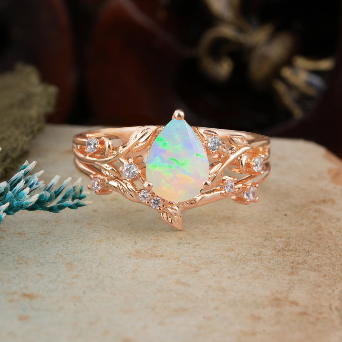 Timeless Pear Cut Fire Opal Engagement Ring Set for Her - Additional view