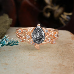 Timeless Pear Cut Black Rutilated Quartz Engagement Ring Set for Her