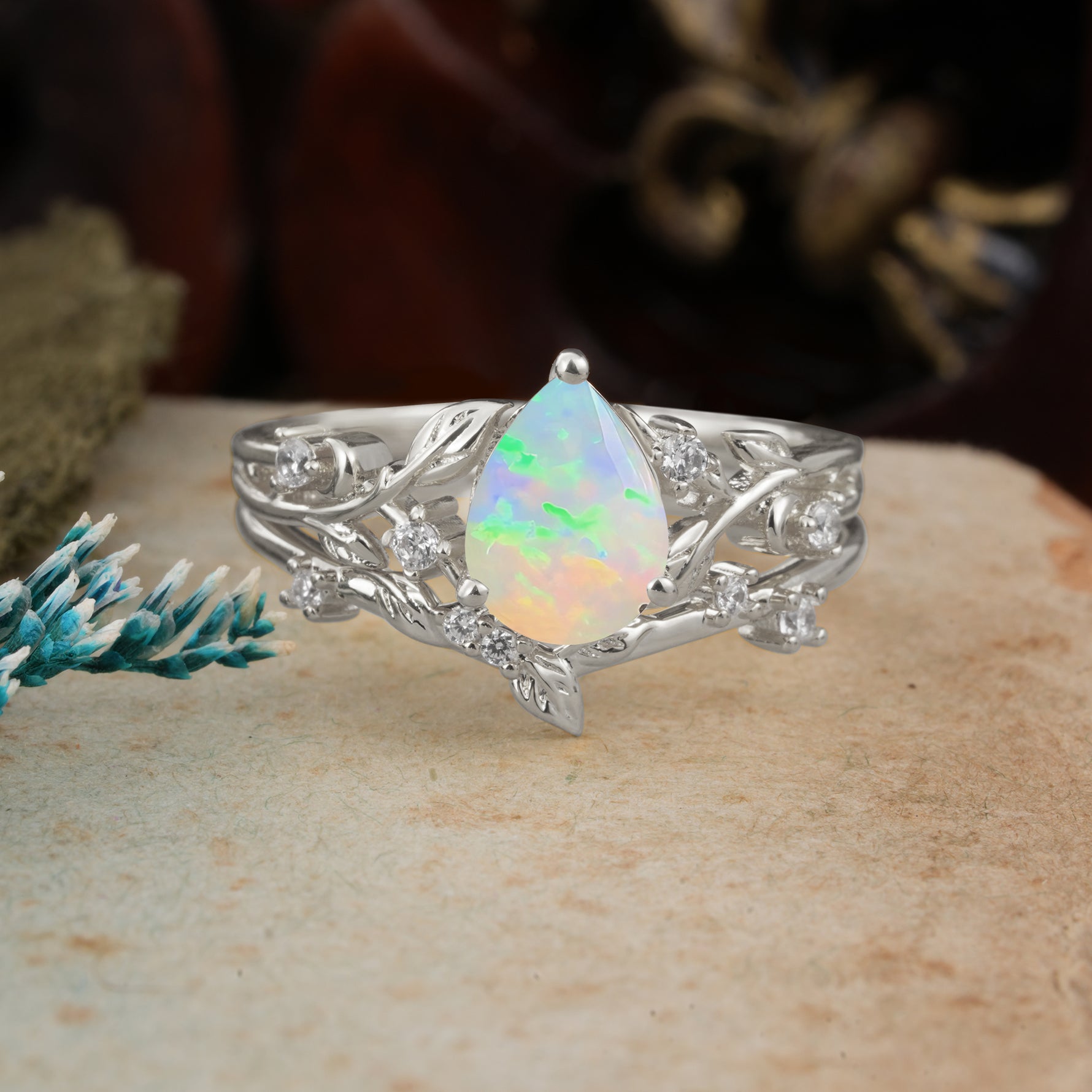 Timeless Pear Cut Fire Opal Engagement Ring Set for Her - Additional view