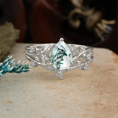 Nature Inspired Moss Agate Engagement Ring Set Pear Cut 2PC