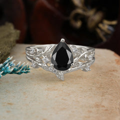 Timeless Pear Cut Black Onyx Engagement Ring Set for Her