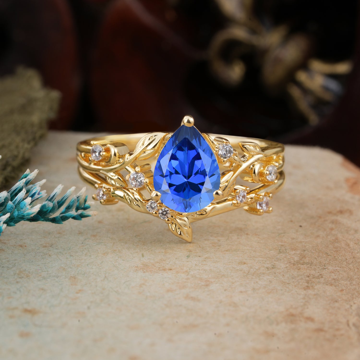 Timeless Pear Cut Sapphire Bridal Ring Set for Her