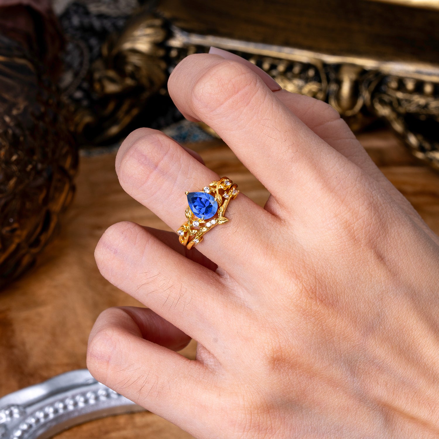 Timeless Pear Cut Sapphire Bridal Ring Set for Her