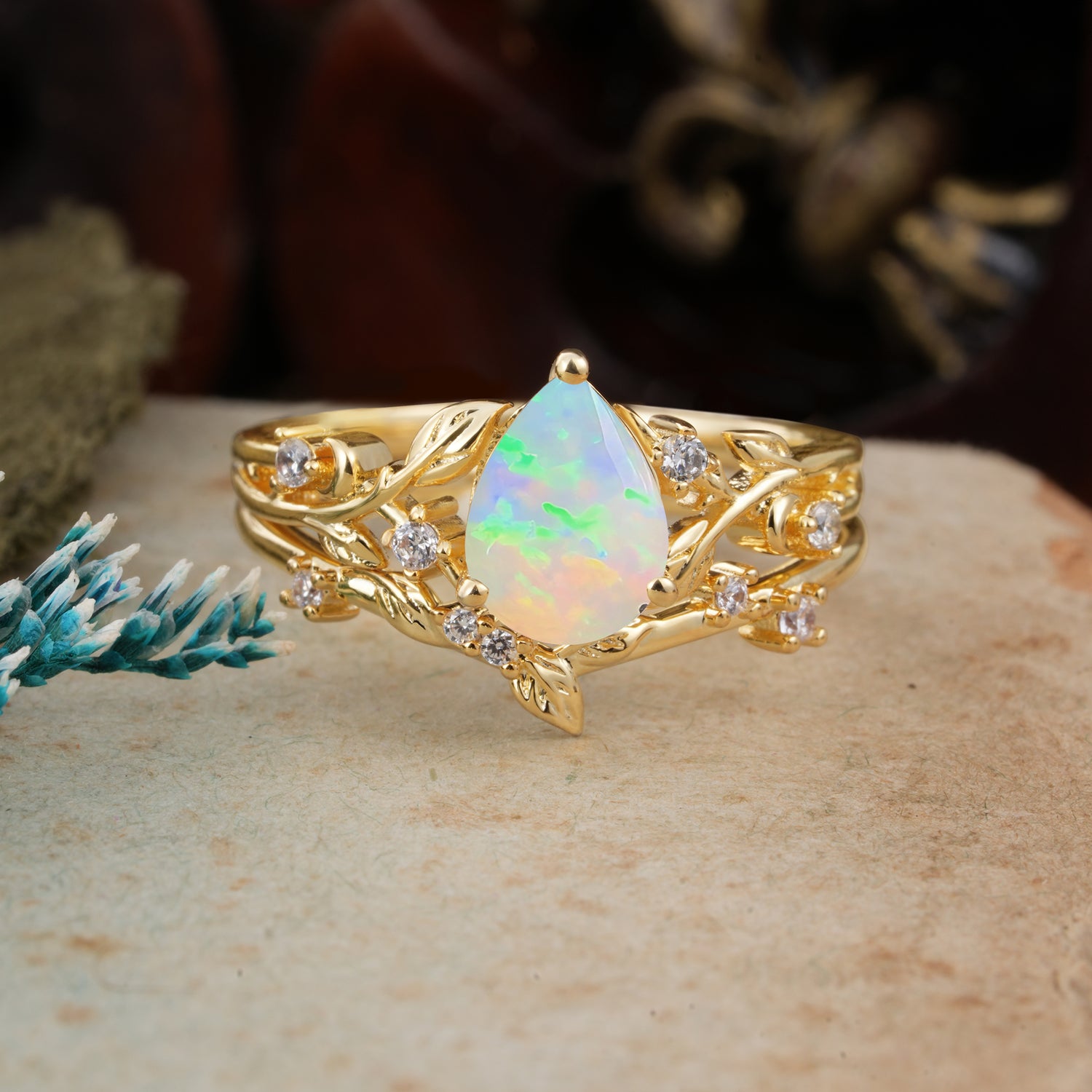 Timeless Pear Cut Fire Opal Engagement Ring Set for Her - Additional view