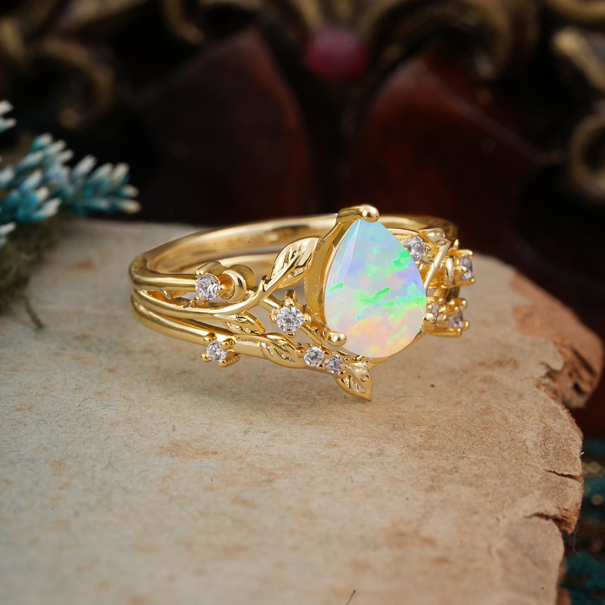 Timeless Pear Cut Fire Opal Engagement Ring Set for Her - Additional view