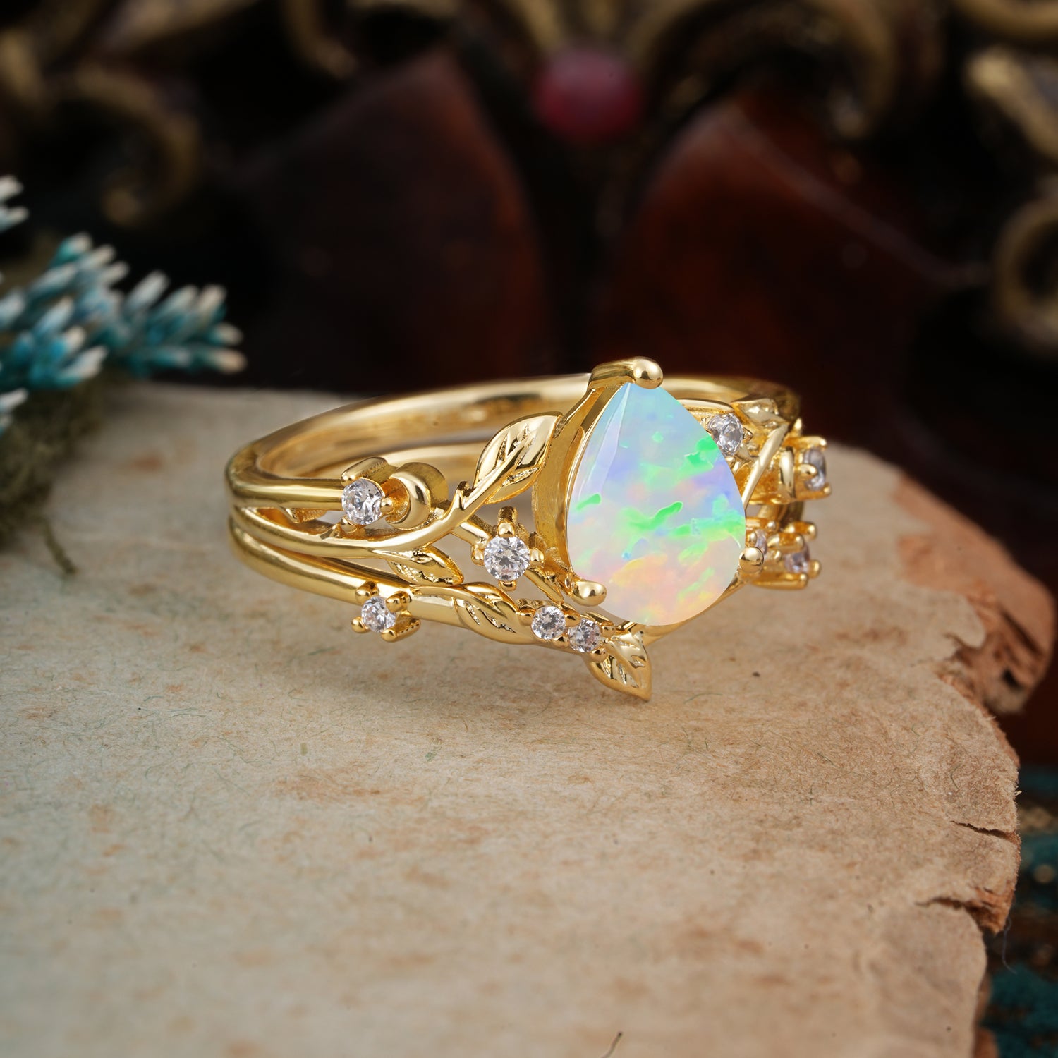 Timeless Pear Cut Fire Opal Engagement Ring Set for Her - Additional view