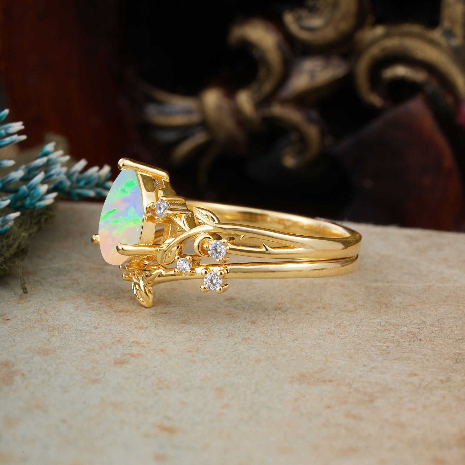 Timeless Pear Cut Fire Opal Engagement Ring Set for Her - Additional view