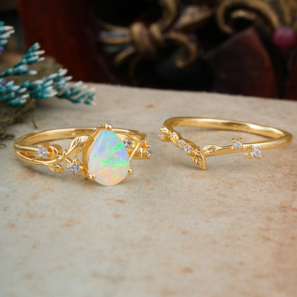 Timeless Pear Cut Fire Opal Engagement Ring Set for Her - Additional view