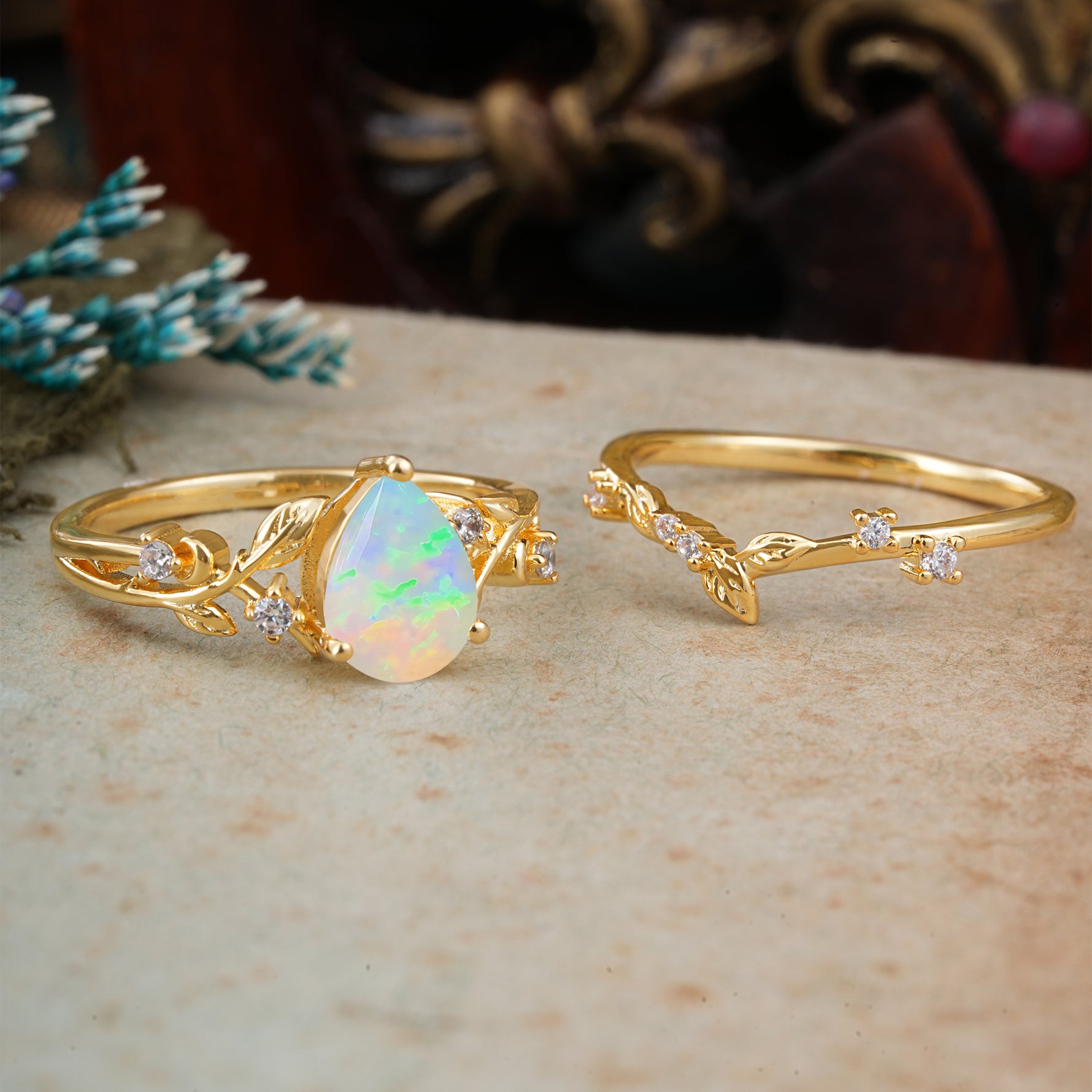 Timeless Pear Cut Fire Opal Engagement Ring Set for Her - Additional view