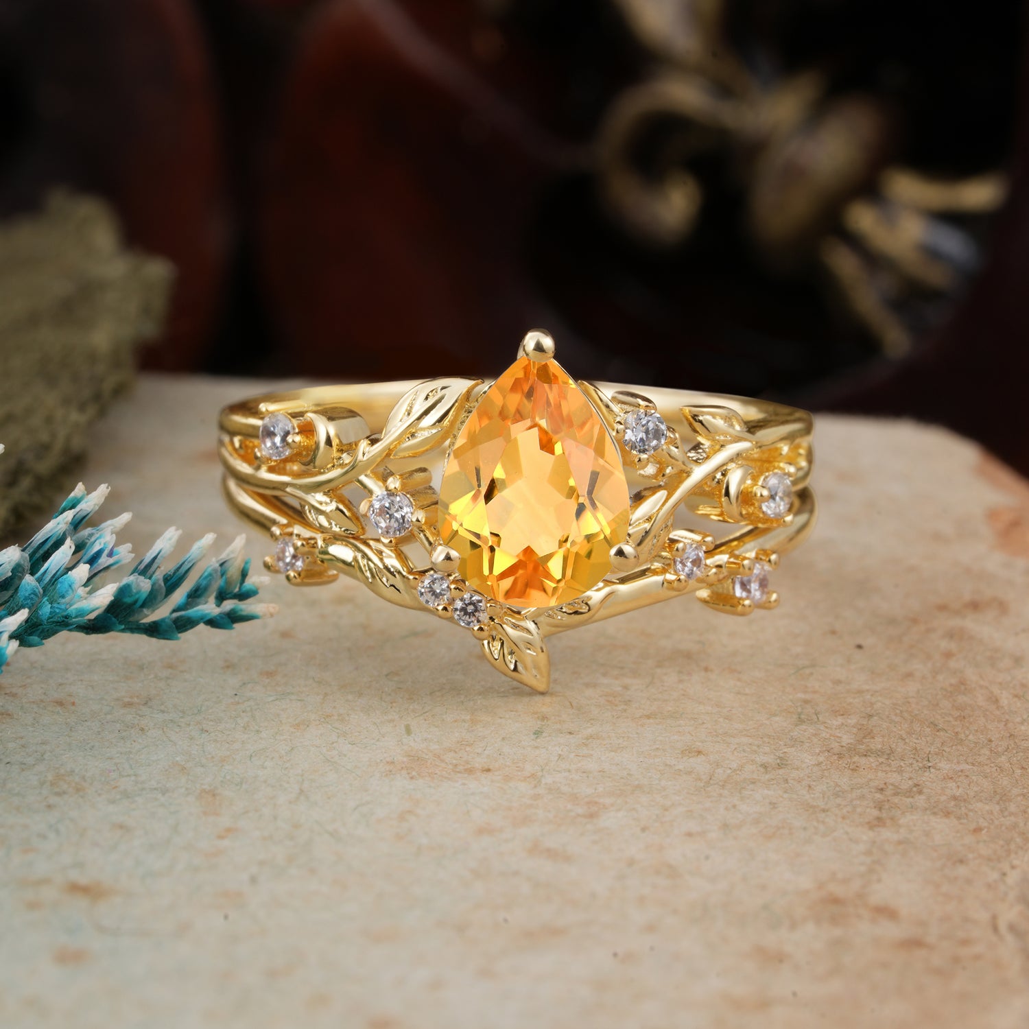 Timeless Pear Cut Citrine Bridal Ring Set for Her