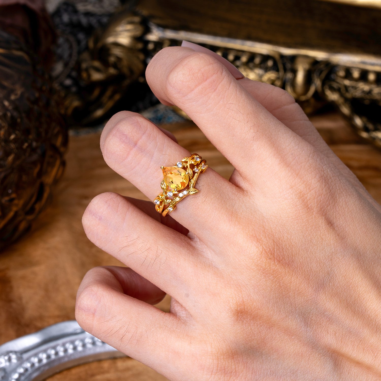 Timeless Pear Cut Citrine Bridal Ring Set for Her