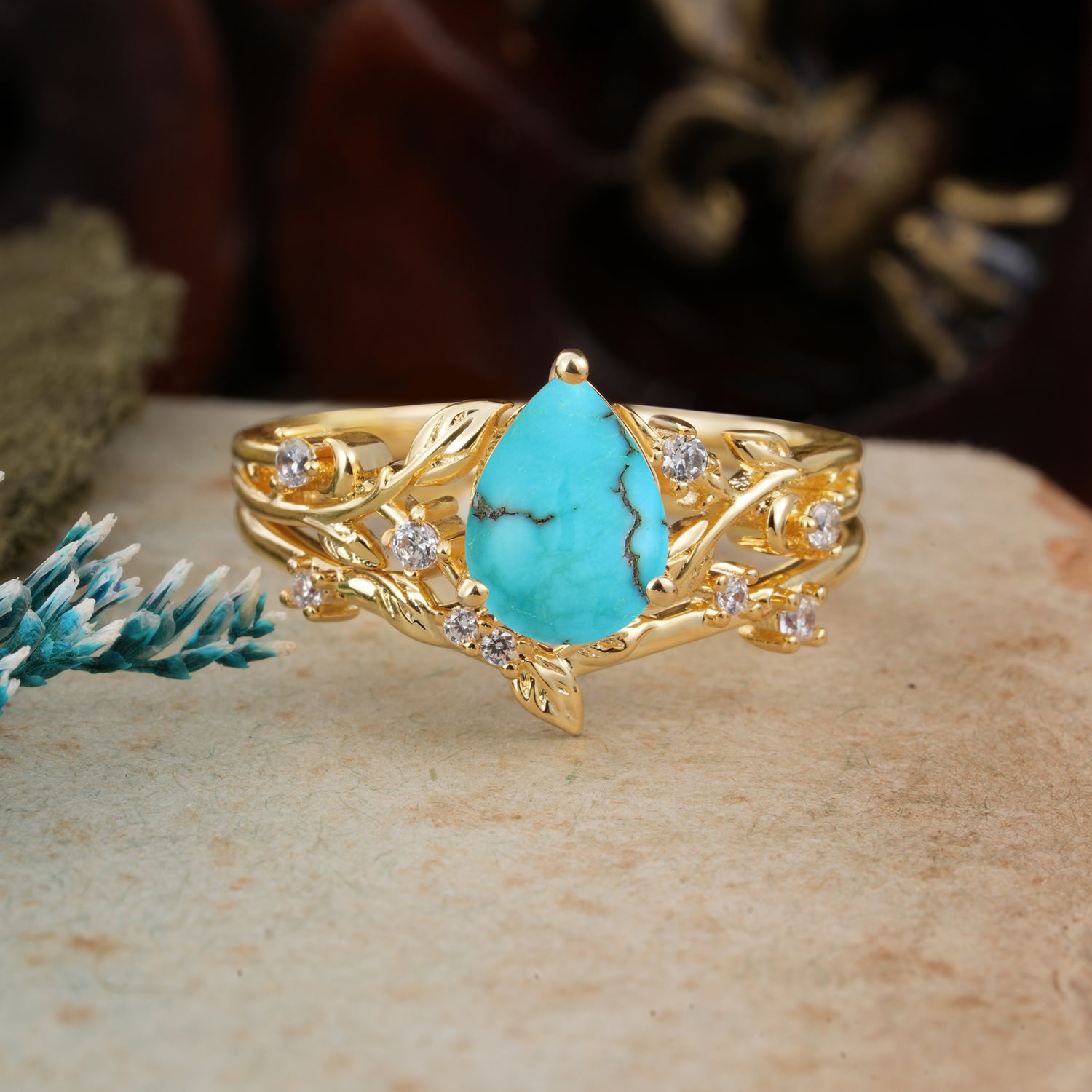 Timeless Pear Cut Turquoise Bridal Ring Set for Her