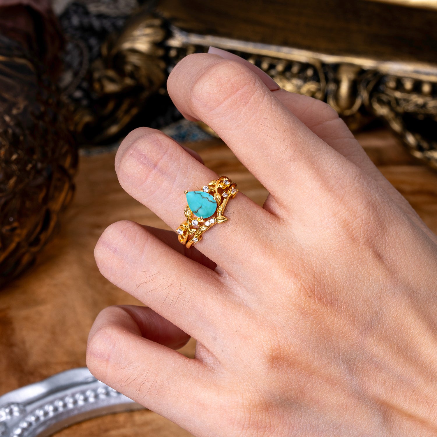 Timeless Pear Cut Turquoise Bridal Ring Set for Her