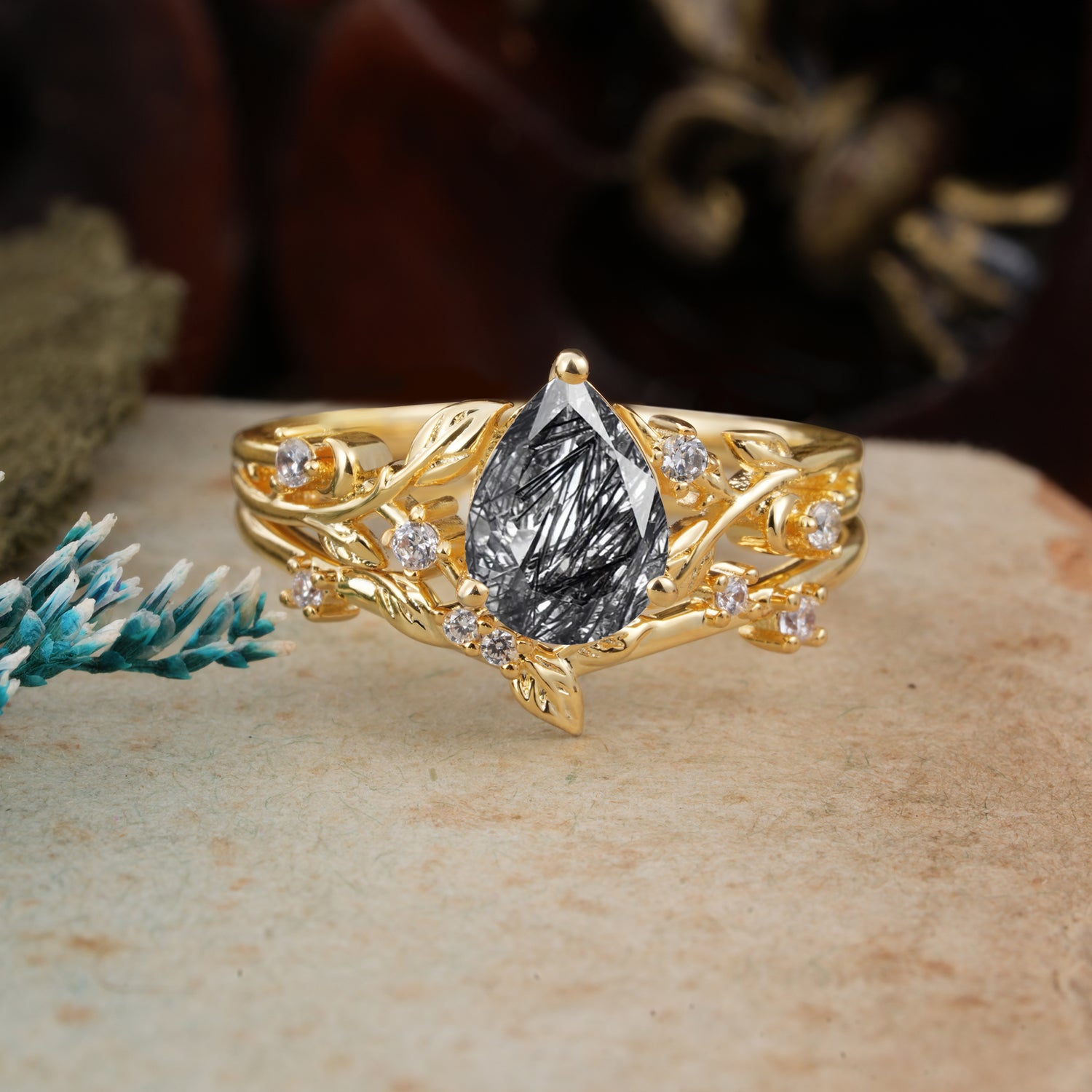 Timeless Pear Cut Black Rutilated Quartz Bridal Ring Set for Her