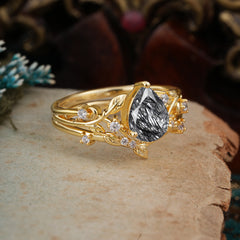 Timeless Pear Cut Black Rutilated Quartz Engagement Ring Set for Her