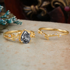 Timeless Pear Cut Black Rutilated Quartz Engagement Ring Set for Her