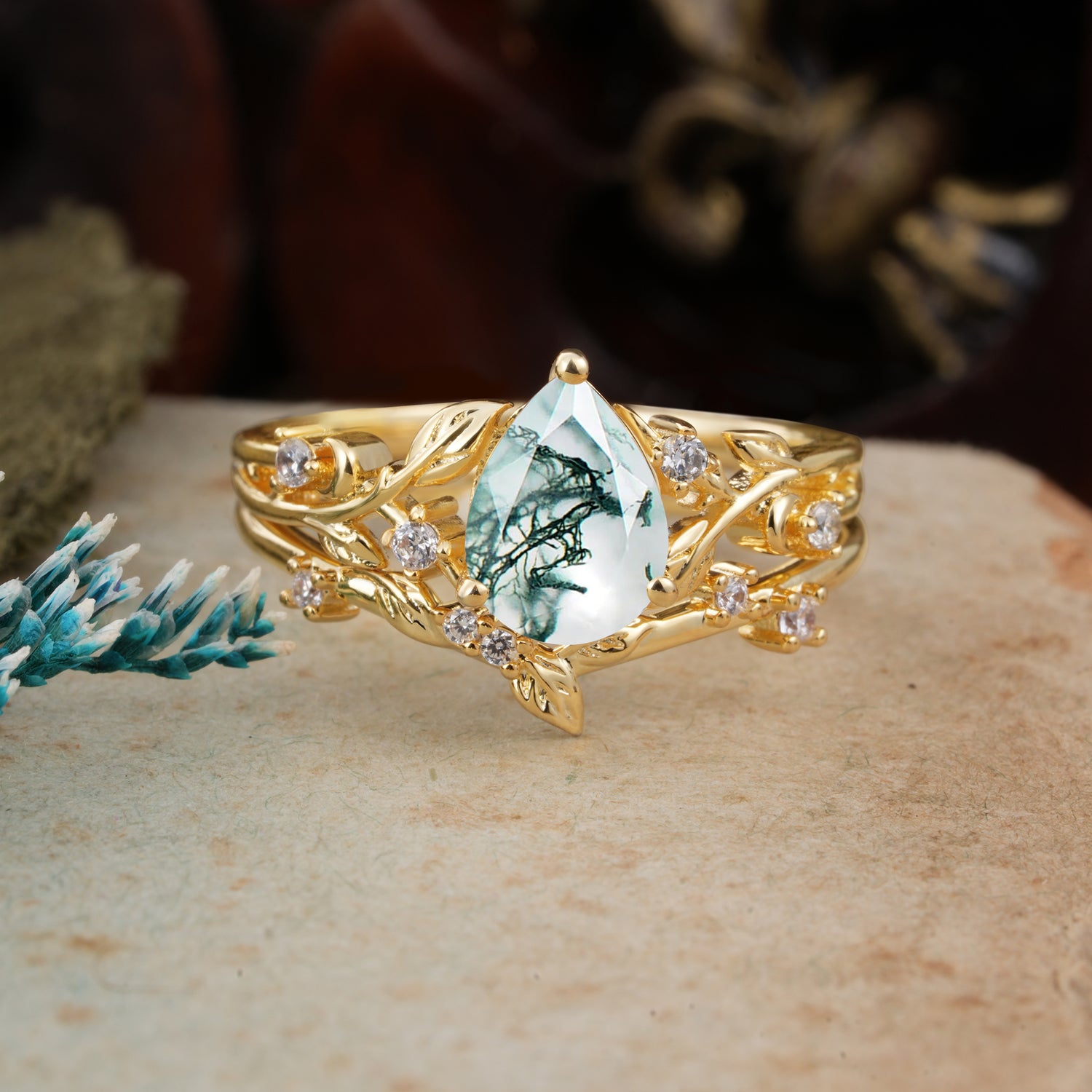 Nature Inspired Moss Agate Bridal Ring Set Pear Cut 2PC