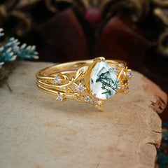 Nature Inspired Moss Agate Engagement Ring Set Pear Cut 2PC