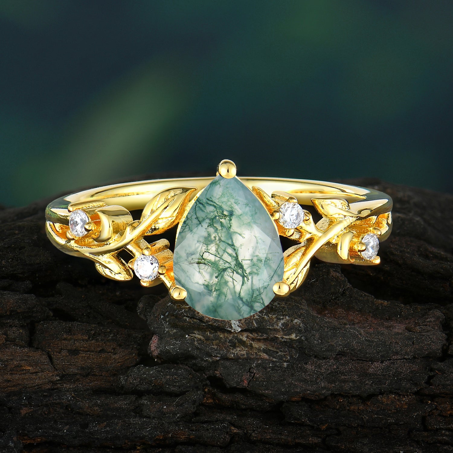 Nature-Inspired Pear Cut Moss Agate Engagement Ring with 3-Prong Setting