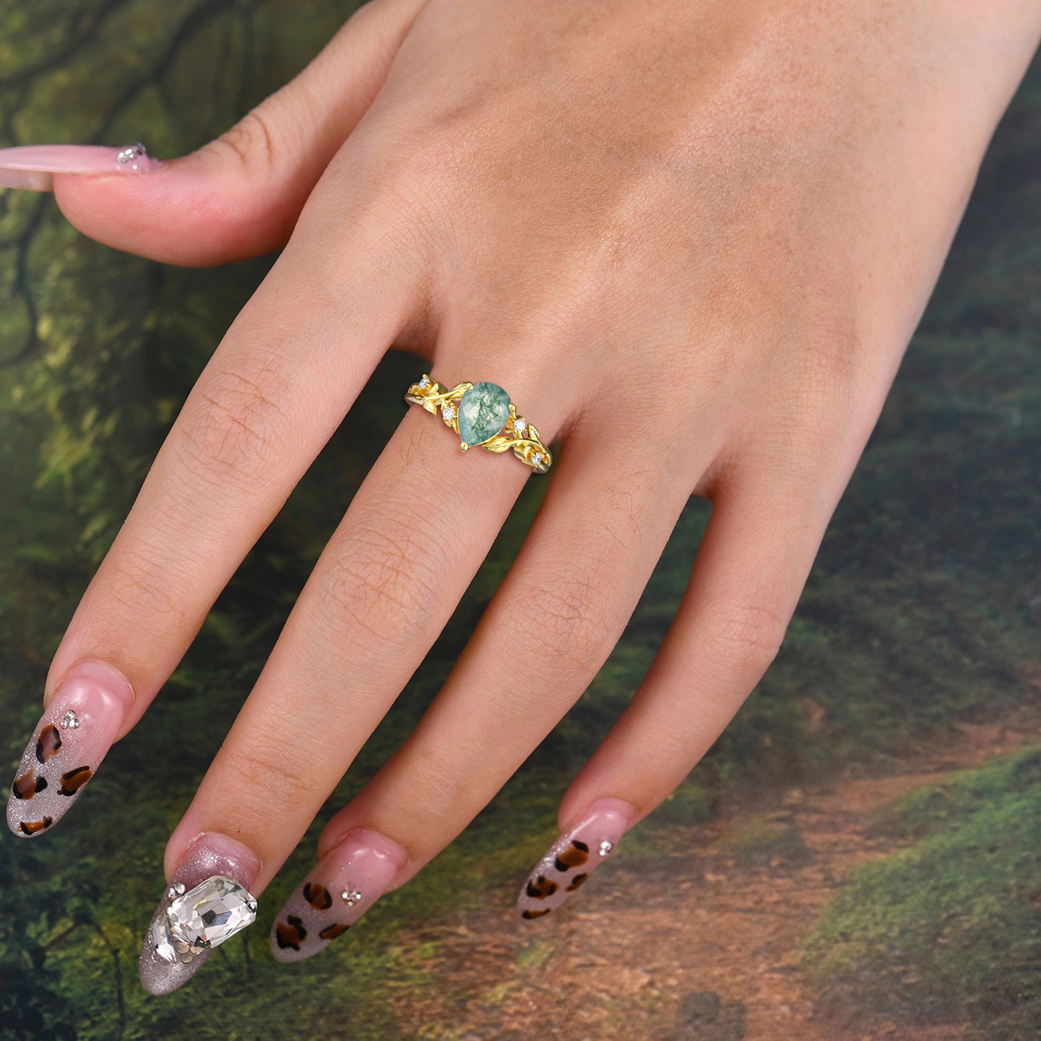 Nature-Inspired Pear Cut Moss Agate Engagement Ring with 3-Prong Setting