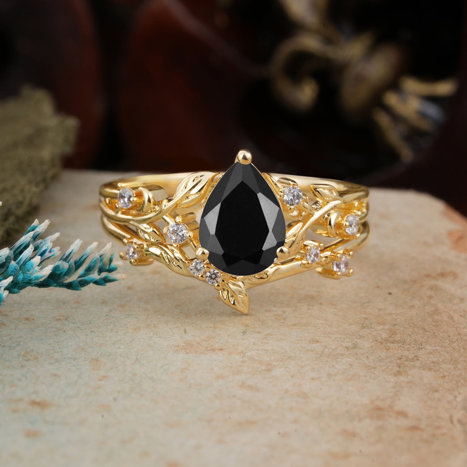 Timeless Pear Cut Black Onyx Bridal Ring Set for Her