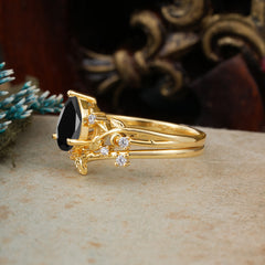 Timeless Pear Cut Black Onyx Engagement Ring Set for Her