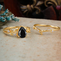 Timeless Pear Cut Black Onyx Engagement Ring Set for Her