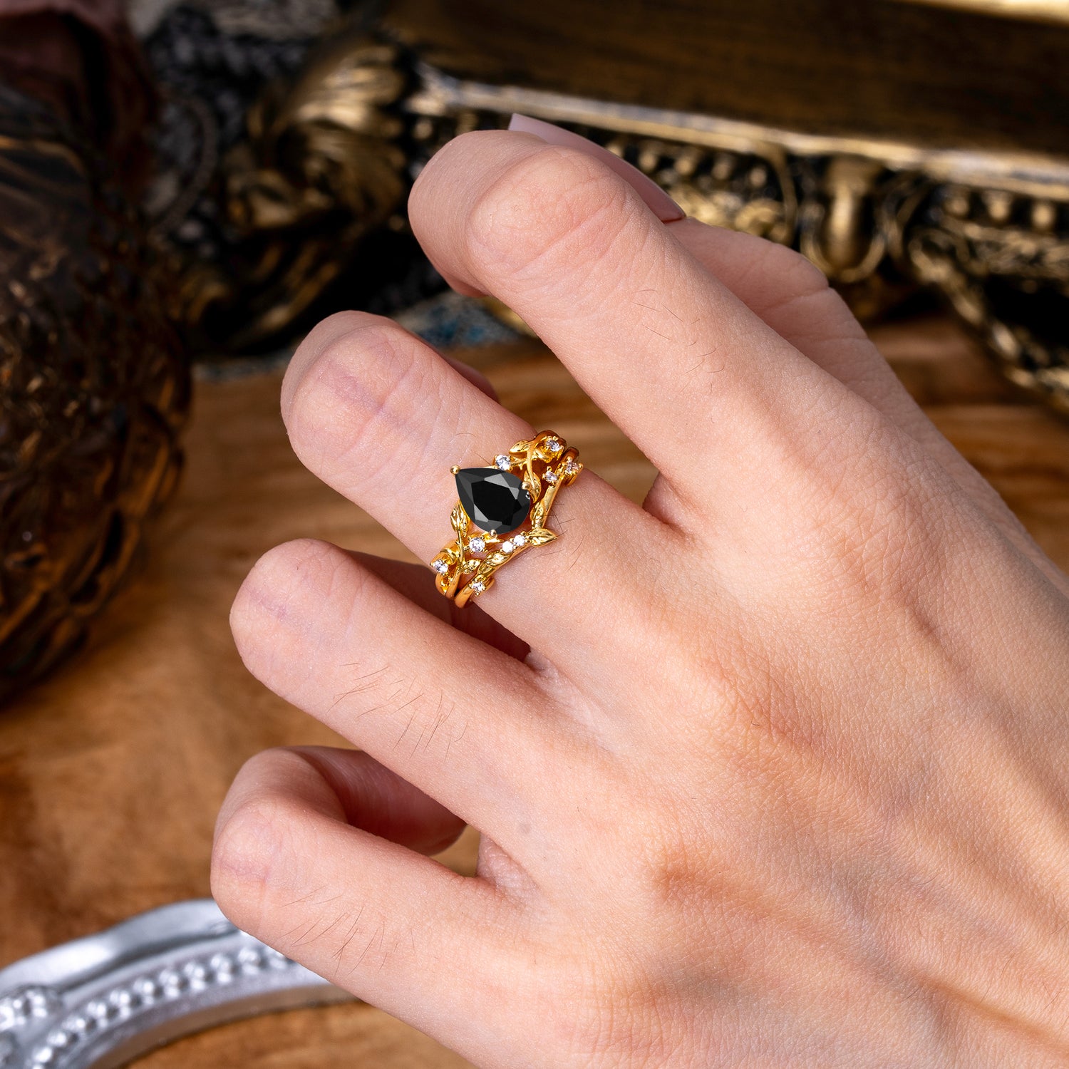 Timeless Pear Cut Black Onyx Bridal Ring Set for Her