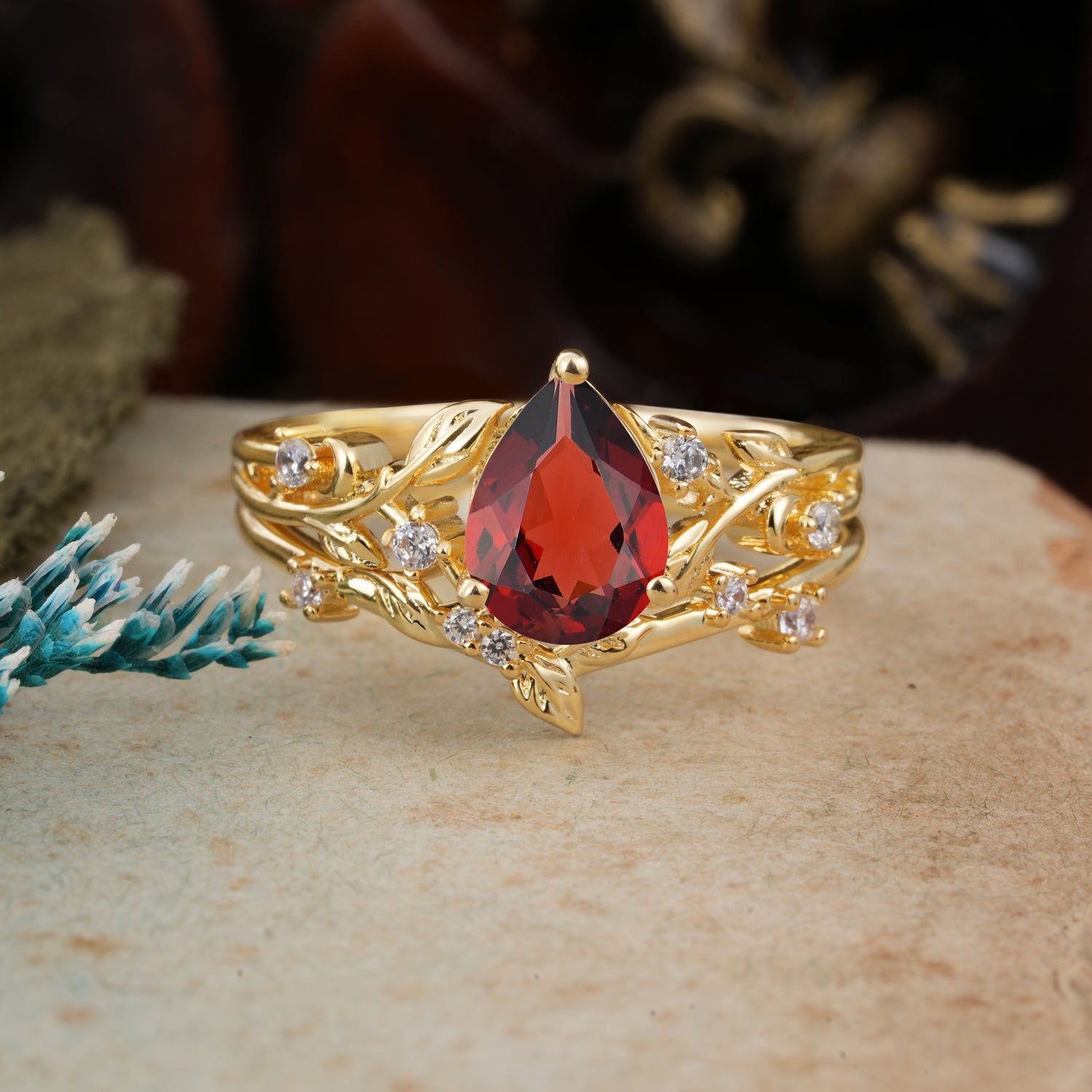 Timeless Pear Cut Garnet Bridal Ring Set for Her