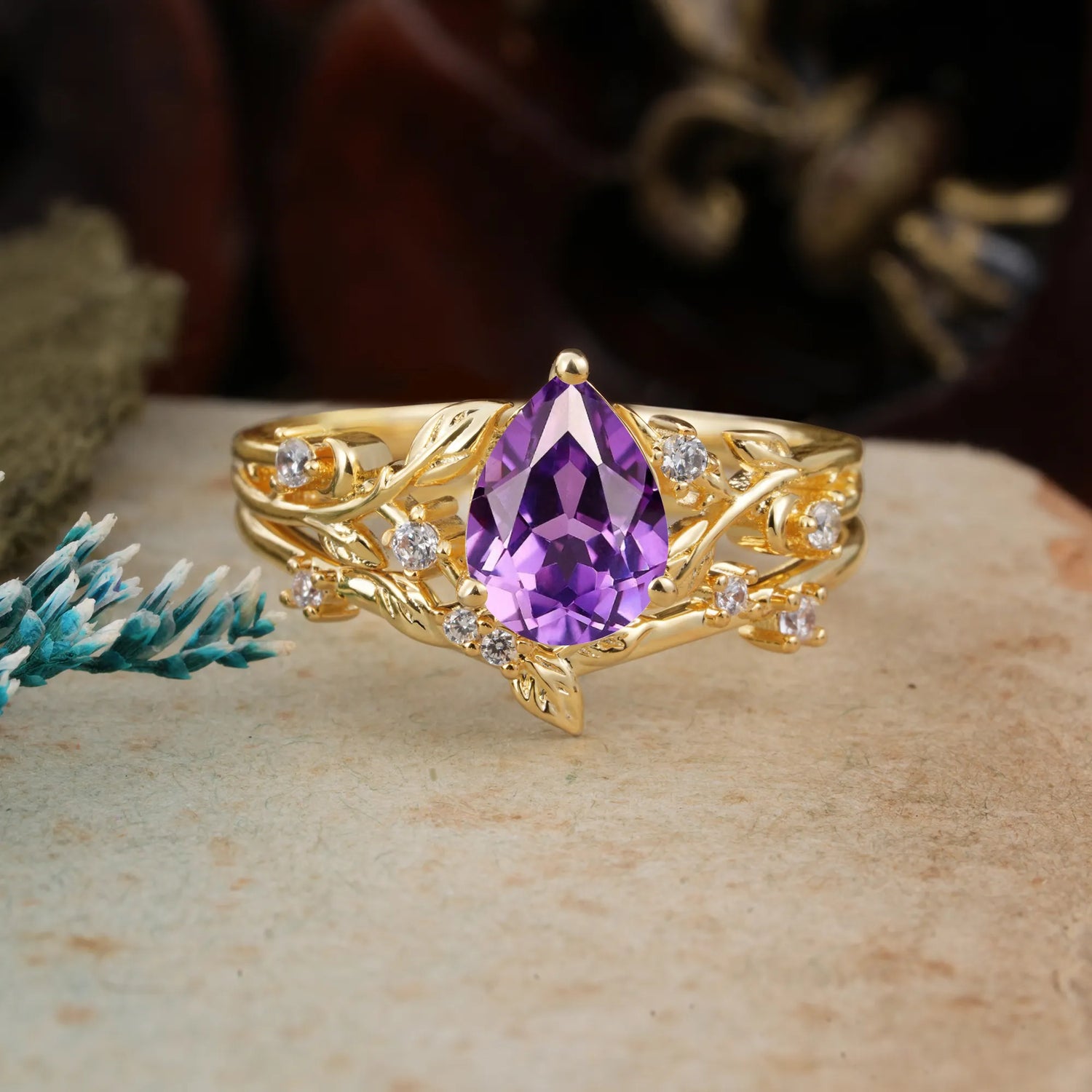 Timeless Pear Cut Amethyst Bridal Ring Set for Her