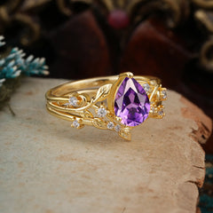 Timeless Pear Cut Amethyst Engagement Ring Set for Her