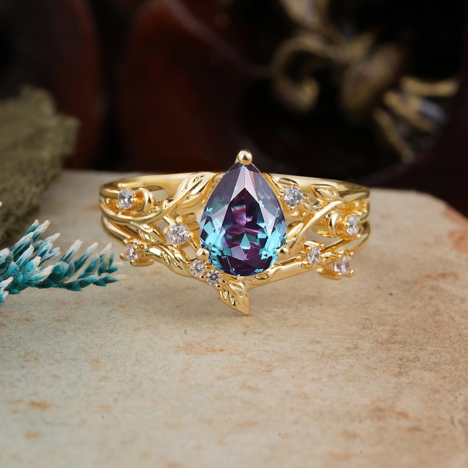 Timeless Pear Cut Alexandrite Bridal Ring Sett for Her