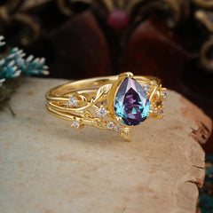 Timeless Pear Cut Alexandrite Engagement Ring Set for Her