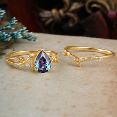 Timeless Pear Cut Alexandrite Engagement Ring Set for Her