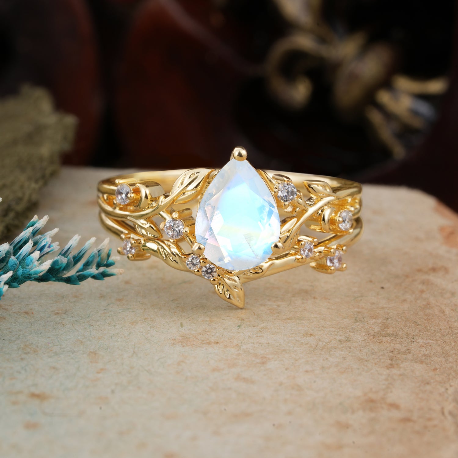 Timeless Pear Cut Moonstone Bridal Ring Set for Her