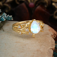 Timeless Pear Cut Moonstone Engagement Ring Set for Her
