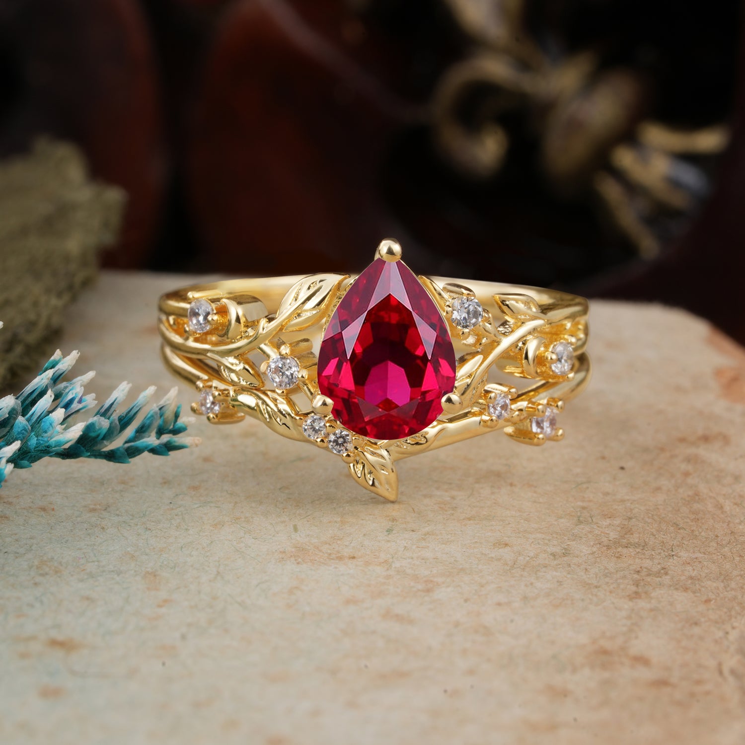 Timeless Pear Cut Ruby Bridal Ring Set for Her