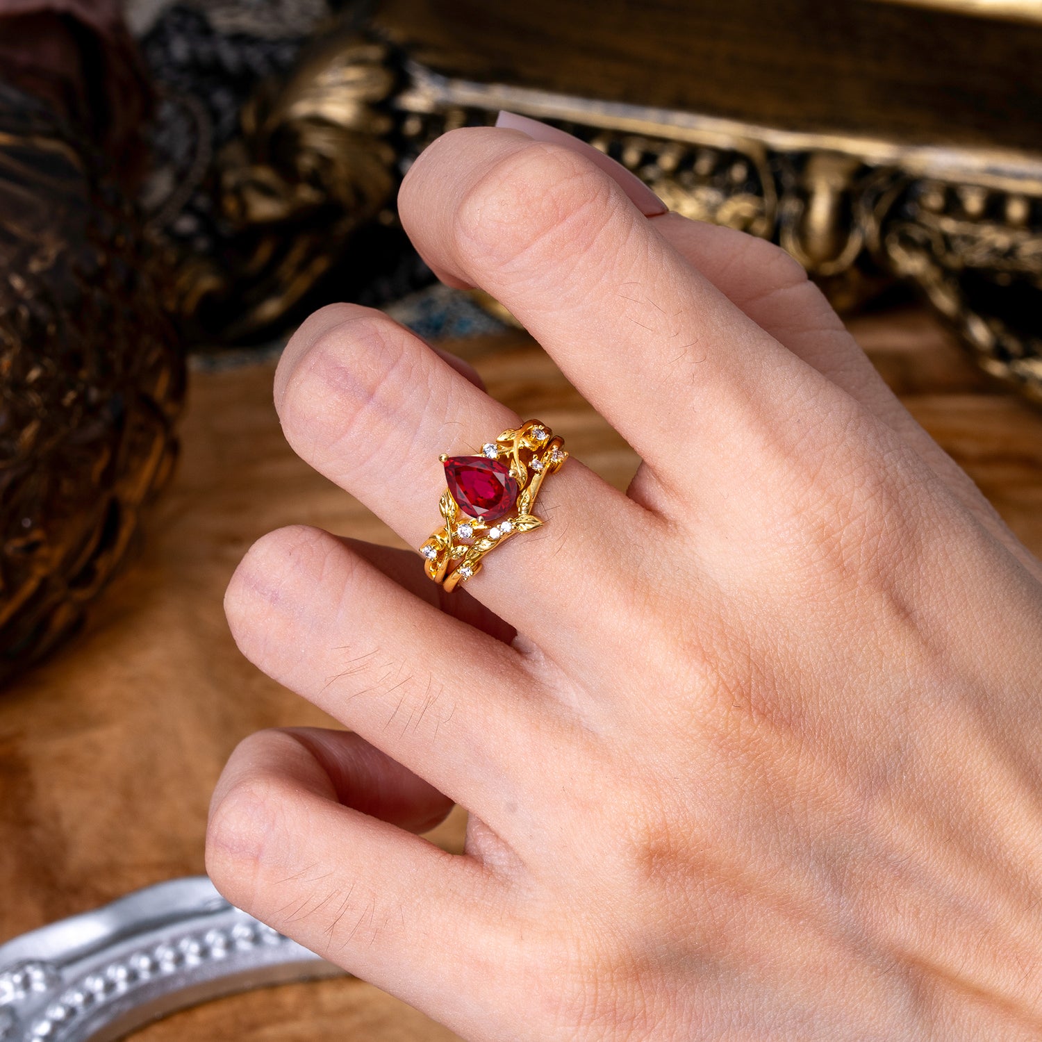 Timeless Pear Cut Ruby Bridal Ring Set for Her
