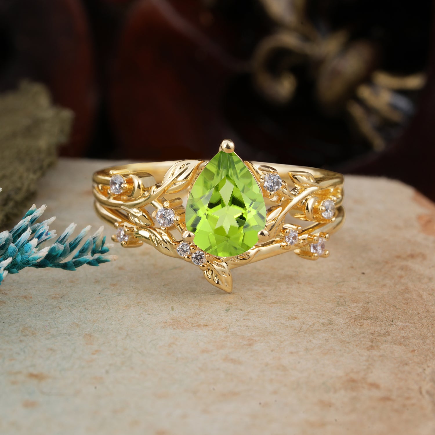 Timeless Pear Cut Peridot Bridal Ring Set for Her