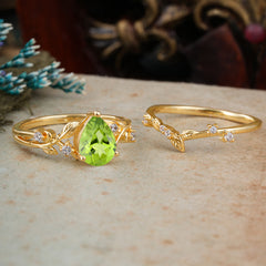 Timeless Pear Cut Peridot Engagement Ring Set for Her